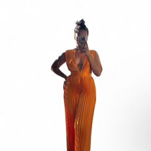 Vibrant Orange Pleated Jumpsuit